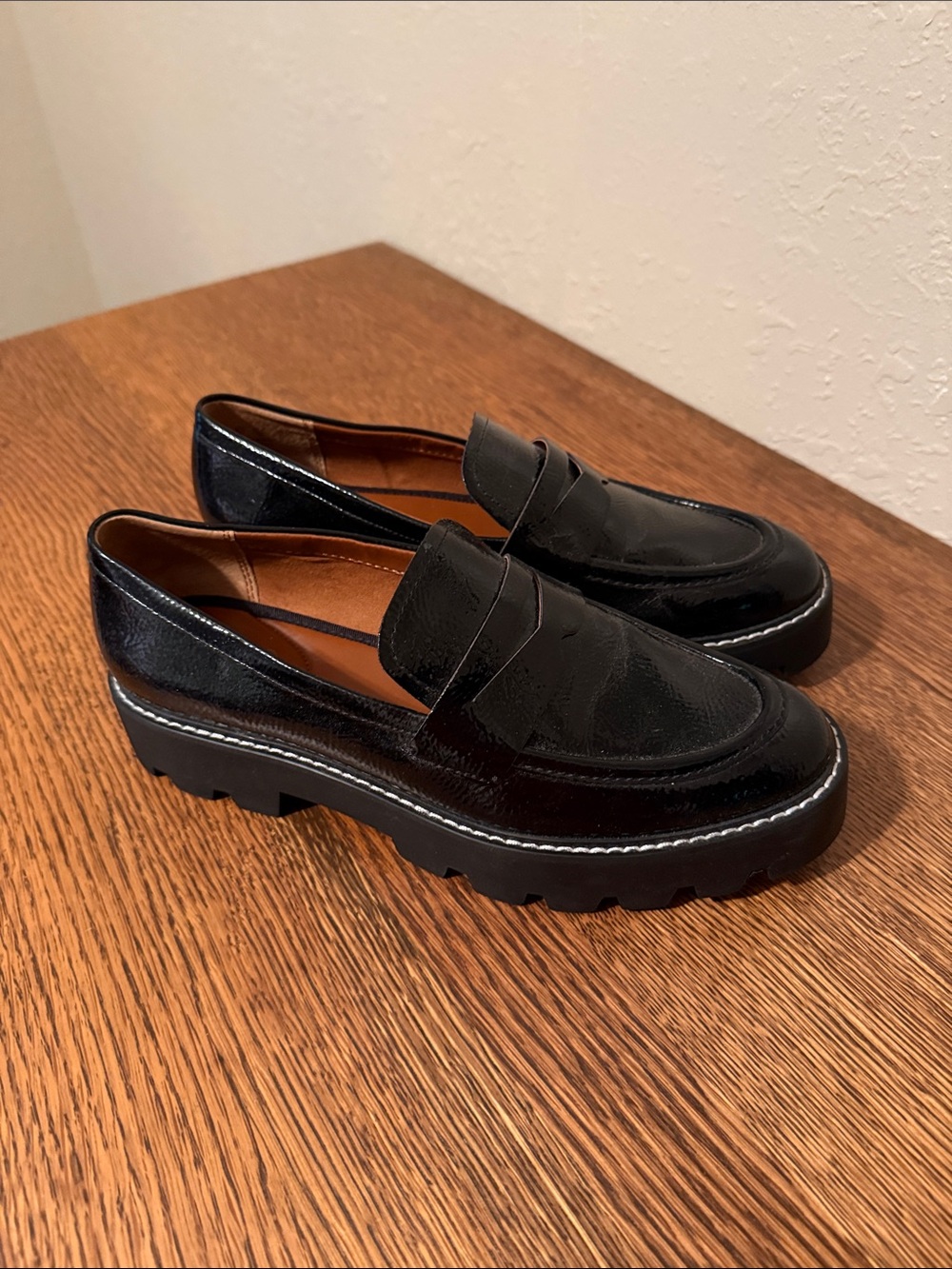 Franco Sarto Black Patent Lug Sole Penny Loafers